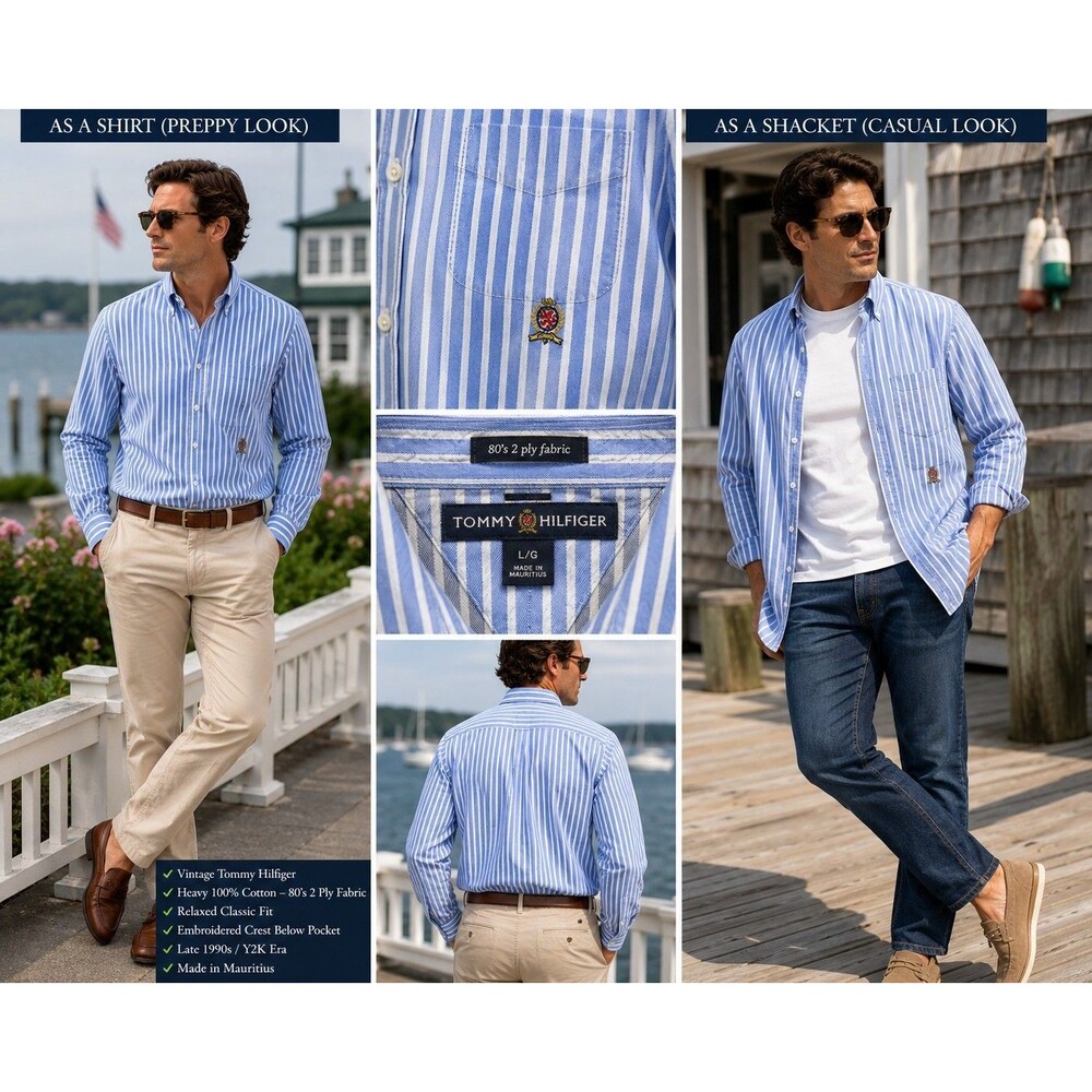 VTG Tommy Hilfiger Stripe Shirt Men L Crest Logo Old Money Preppy Americana NWOT